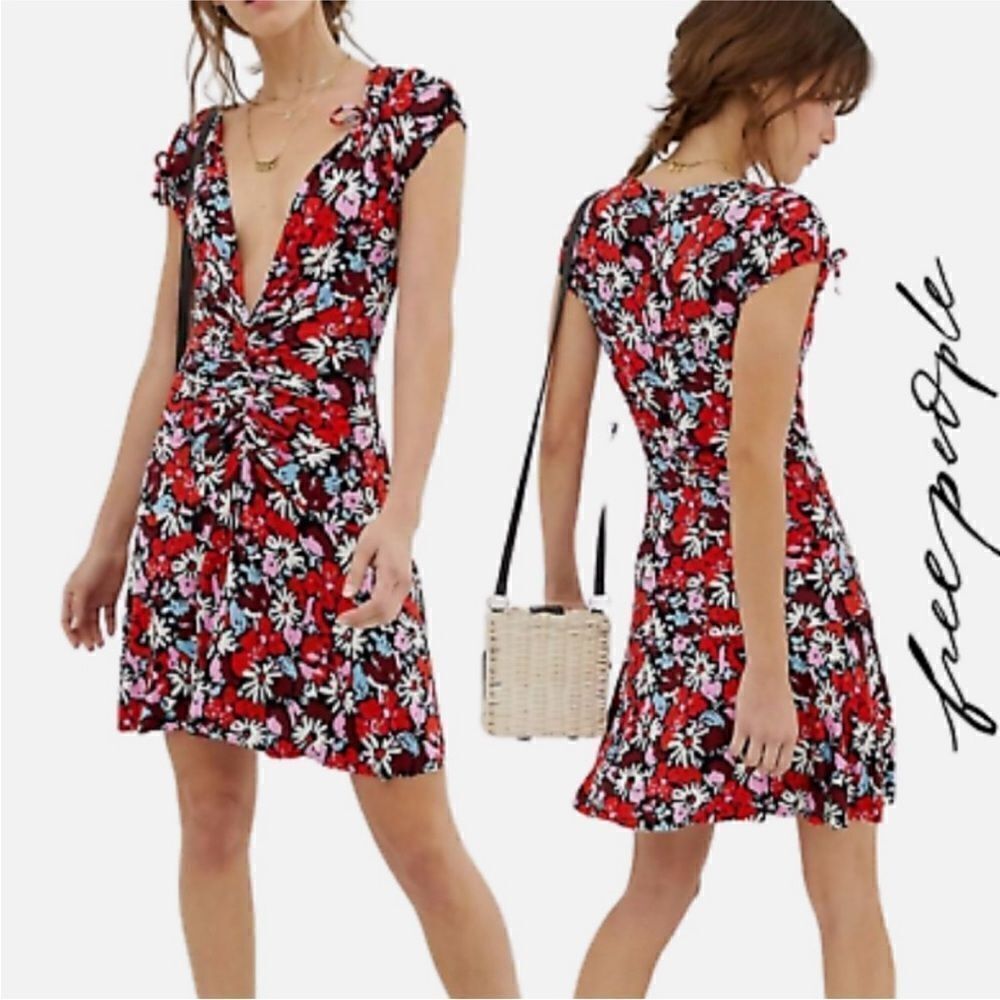 Free People red floral key to your heart v-neck mini dress M